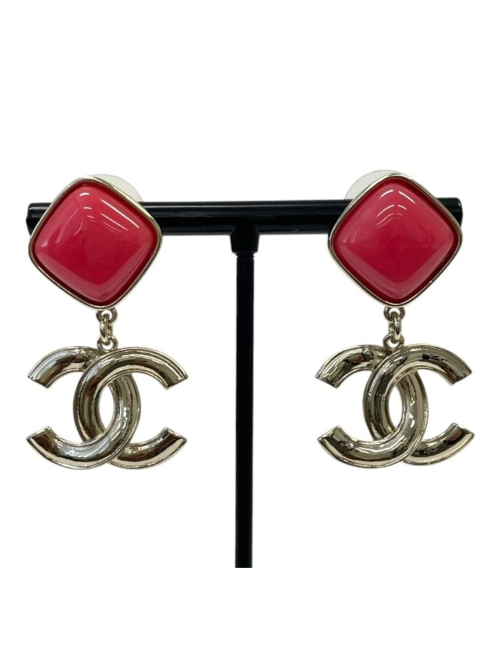Chanel CC Logo Swing Earrings Pink Gold Colored